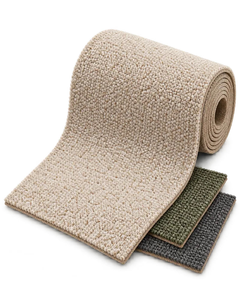 Sculptural arrangement of carpet and flooring samples, an illustrative design.